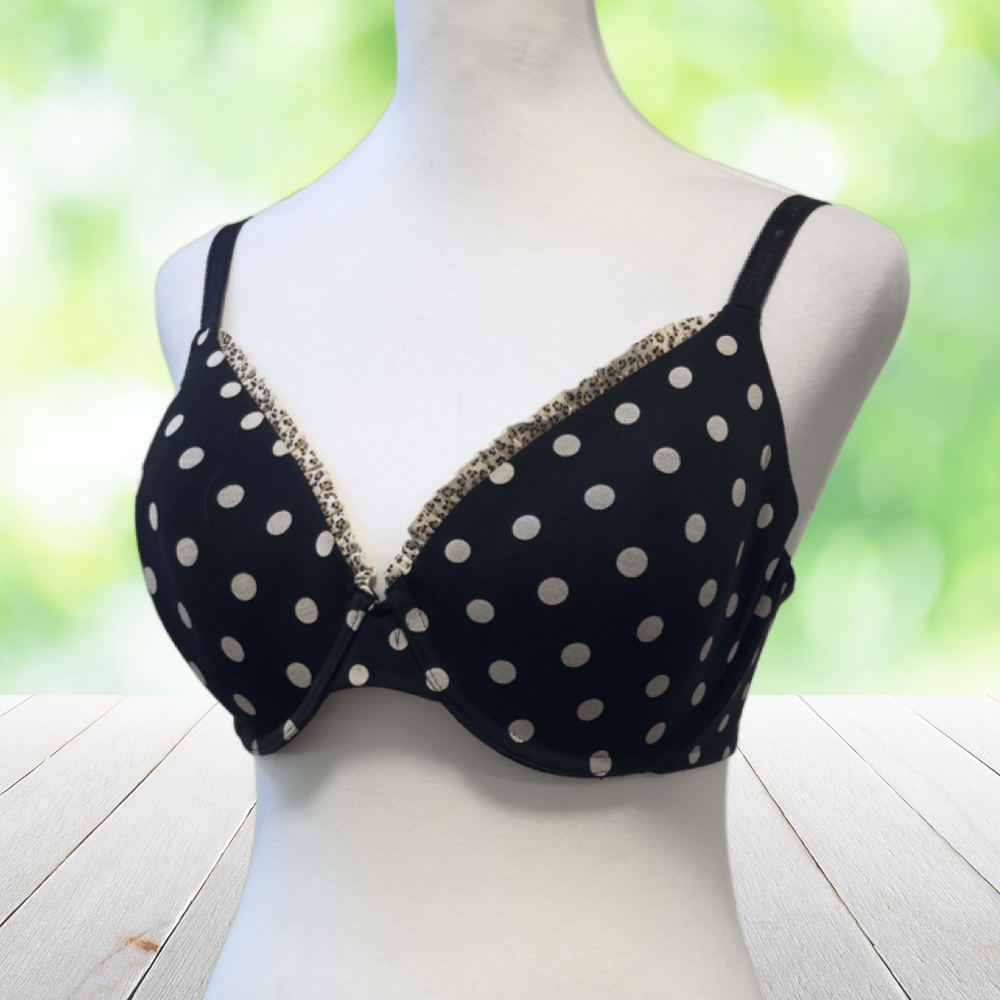 VICTORIAS SECRET T-Shirt Bra Polka Dot Leopard Trim Underwire Padded Black 36D